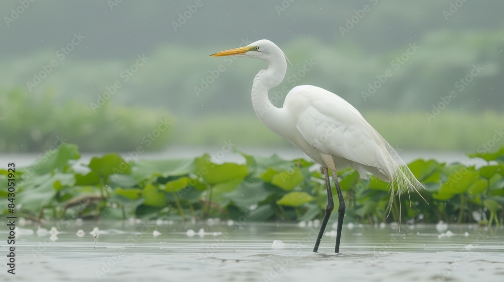 A large white heron stands amidst a lush green marsh, surrounded by foliage filled with numerous leafy greens, on a foggy, rainy day A large white heron stands amidst a lush green marsh, surrounded by foliage filled with numerous leafy greens, on a foggy, rainy day