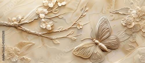 Beautiful butterfly 3d relief wallpaper. Mural wallpaper. Wall art. AI generated illustration. © Gulafshan