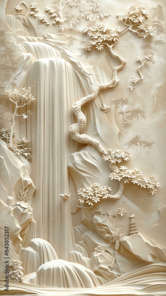 Beautiful landscapes 3d relief wallpaper. Mural wallpaper. Wall art. AI generated illustration Beautiful landscapes 3d relief wallpaper. Mural wallpaper. Wall art. AI generated illustration