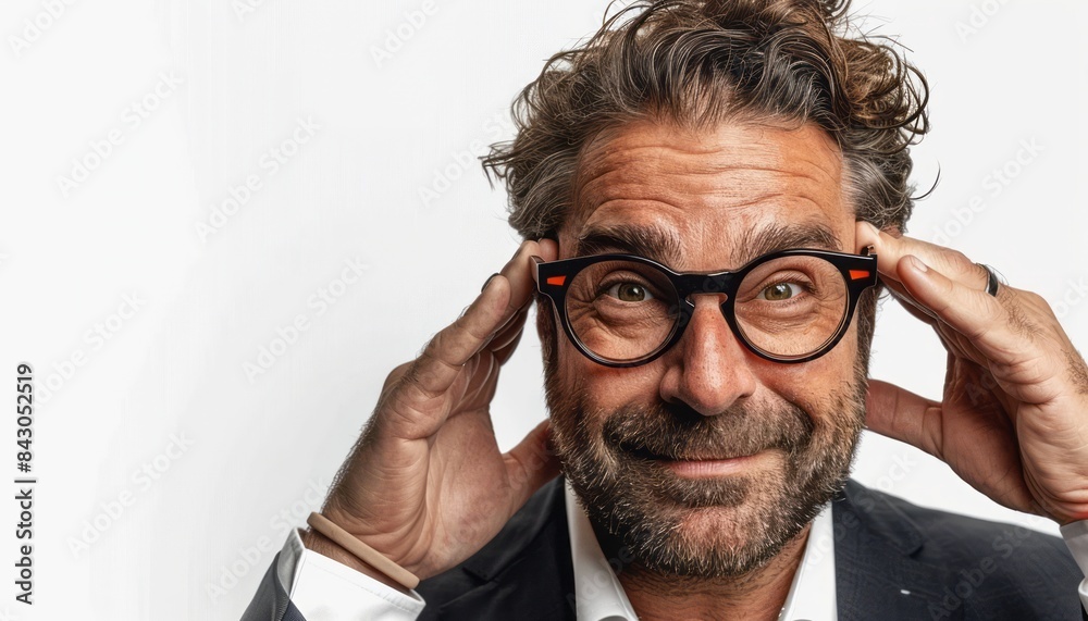 Man With Glasses and a Smile Adjusts His Glasses in a White Studio Man With Glasses and a Smile Adjusts His Glasses in a White Studio