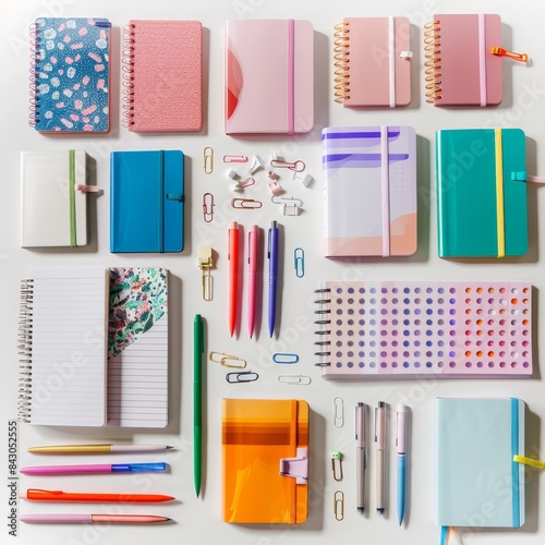 a variety of colorful notebooks, pens and other stationery