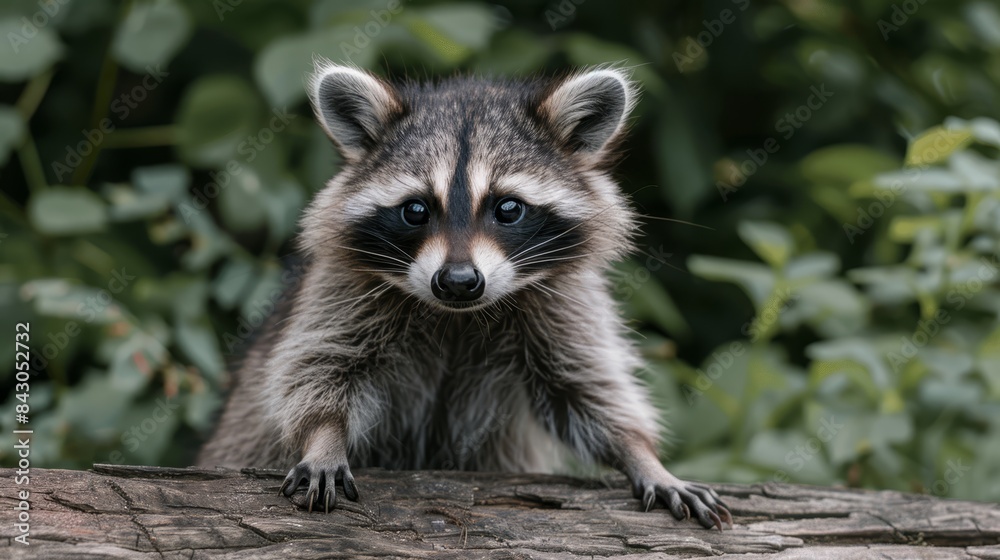 A tight shot of a raccoon perched on a log against a backdrop of trees and bushes, with a solitary raccoon gazing directly at the camera A tight shot of a raccoon perched on a log against a backdrop of trees and bushes, with a solitary raccoon gazing directly at the camera