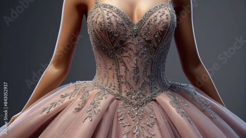 The opulent ballgown on the mannequin dazzles with its beaded bodice and full tulle skirt, a vision of regal splendor and sophistication, Generative AI