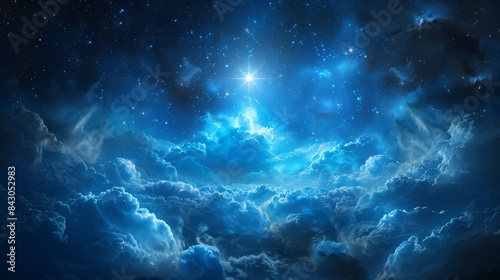  A blue sky dotted with numerous clouds and a solitary star, radiantly glowing at its heart