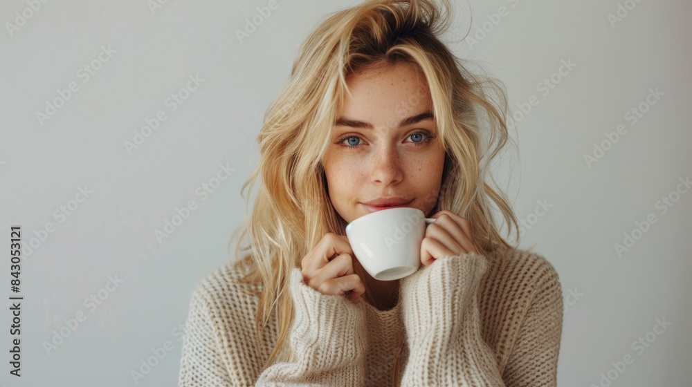 Smiling Woman Enjoying a Warm Cup of Coffee in Cozy Sweater Smiling Woman Enjoying a Warm Cup of Coffee in Cozy Sweater