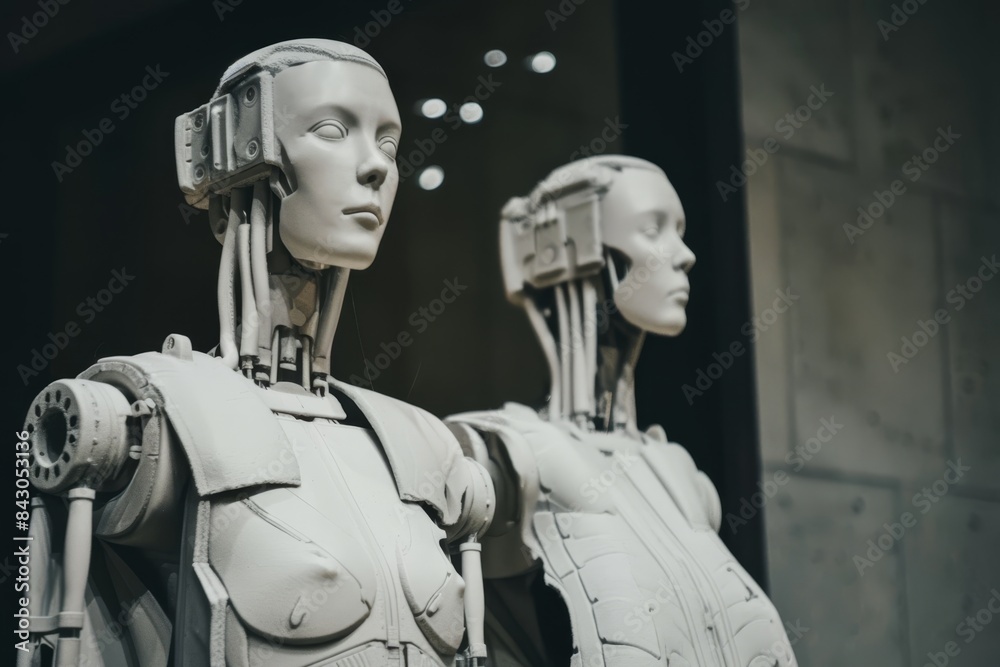 two white robots standing in front of each other two white robots standing in front of each other