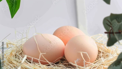 Three Brown Eggs Nestled in Straw