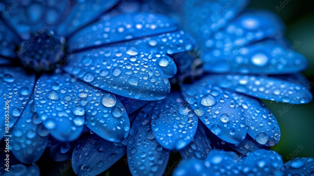 A tight shot of a blue flower, dewdrops glistening on its petals, and a solitary green leaf in the frame's heart At the photo's core A tight shot of a blue flower, dewdrops glistening on its petals, and a solitary green leaf in the frame's heart At the photo's core