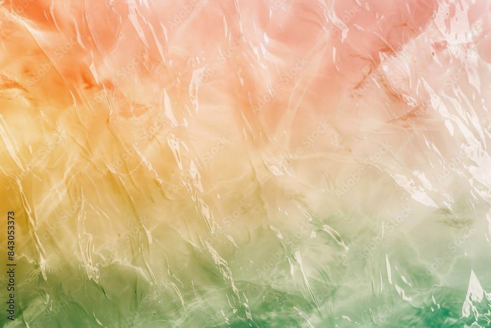 Fototapeta premium Abstract background of a crumpled plastic sheet reflecting green and orange light, creating a textured and colorful gradient