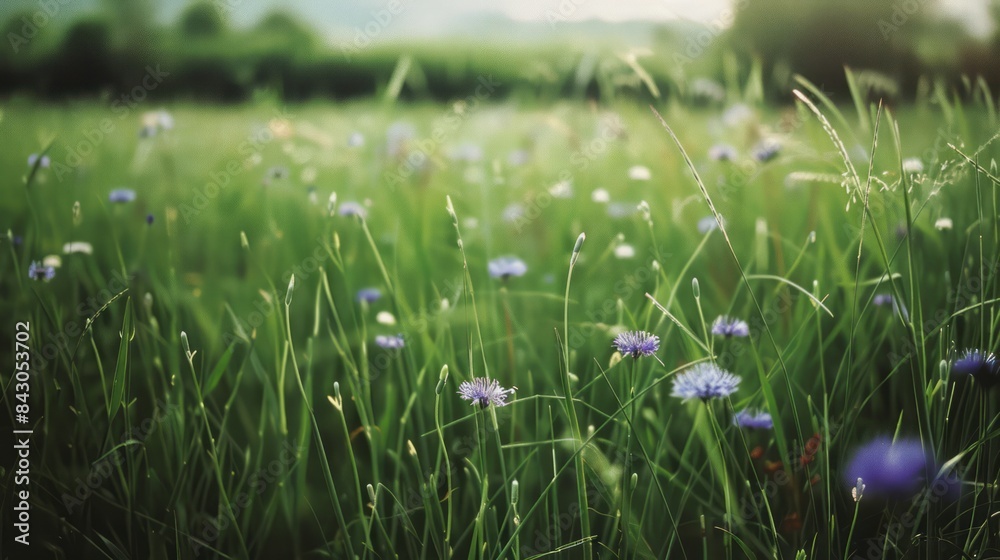 Blue Wildflowers Blooming in a Green Meadow at Sunset