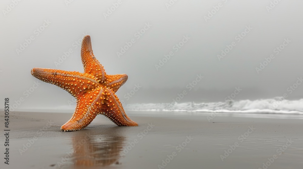 A starfish on a foggy beach amidst the backdrop of the ocean, with a wave approaching from the foreground A starfish on a foggy beach amidst the backdrop of the ocean, with a wave approaching from the foreground