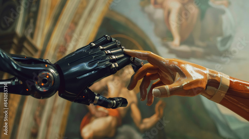 Futuristic Robot Arm Touches Human Hand in Humanity and Artificial Intelligence Unifying Gesture. Conscious Technology Meets Humanity. Concept Inspired by Michelangelo's Creation of Adam