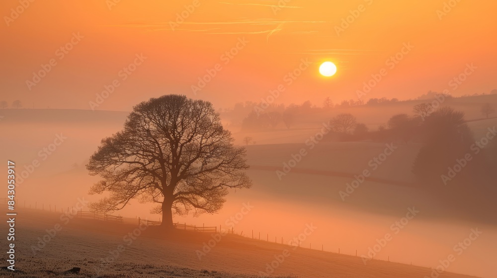 The sun sets over a foggy field, where a solitary tree and a fence are located in the foreground, enshrouded by fog The sun sets over a foggy field, where a solitary tree and a fence are located in the foreground, enshrouded by fog