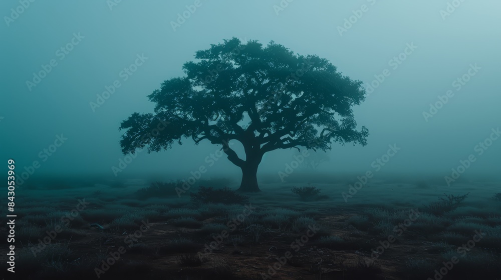 A solitary tree in a foggy field during a blue-green day, featuring a single tree in the foreground A solitary tree in a foggy field during a blue-green day, featuring a single tree in the foreground