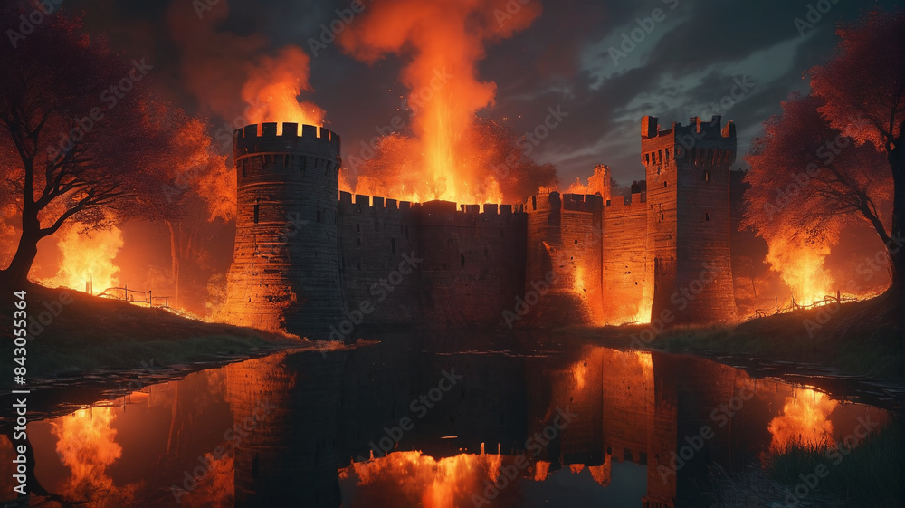 Fototapeta premium Surrounding the ancient stronghold, the moat glows with flickering flames, a fiery barrier warding off intruders with its ominous glow, Generative AI