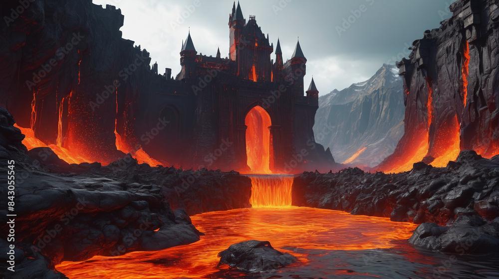 The castle stands amidst a swirling pool of molten lava, its moat a river of fire that dares any who seek to breach its fiery embrace, Generative AI The castle stands amidst a swirling pool of molten lava, its moat a river of fire that dares any who seek to breach its fiery embrace, Generative AI