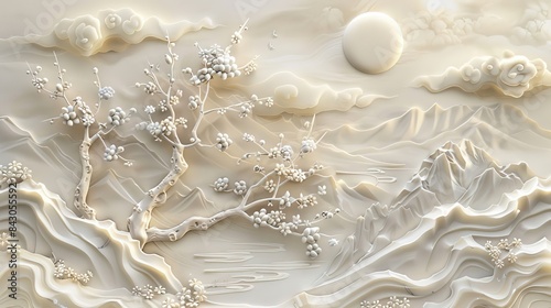 3d Chinese landscape Wallpaper Background golden art for digital printing wallpaper, mural, custom design wallpaper. AI generated illustration