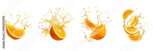 Set of Slice of Orange in the air with orange Juice splash isolated on a transparent background