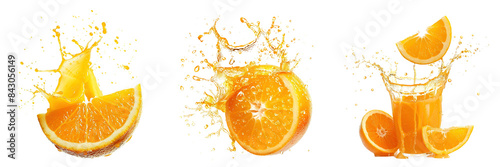 Set of Slice of Orange in the air with orange Juice splash isolated on a transparent background