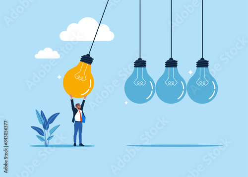 Motivation to success. Businessman holding bright light bulb to hit other broken light bulbs. Flat vector illustration