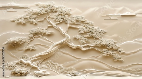 Fototapeta Naklejka Na Ścianę i Meble -  Beautiful Chinese landscape 3d relief wallpaper. Mural wallpaper. Wall art. AI generated illustration.