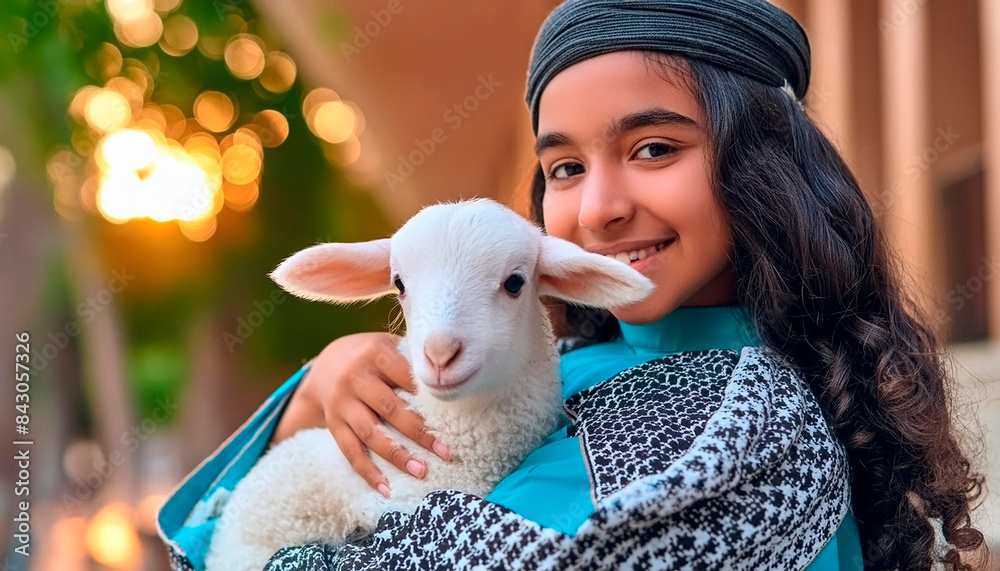A joyful young girl, adorned in traditional Arab clothing, holds a delightful white lamb tenderly in her arms. A joyful young girl, adorned in traditional Arab clothing, holds a delightful white lamb tenderly in her arms.