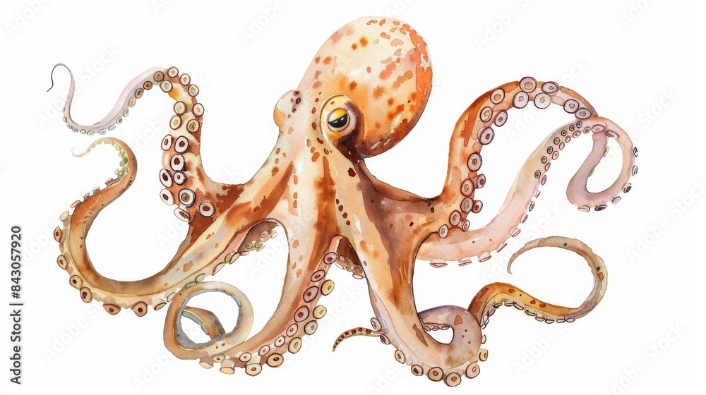 Obraz premium A watercolor painting of an octopus, with its eight arms spread out.