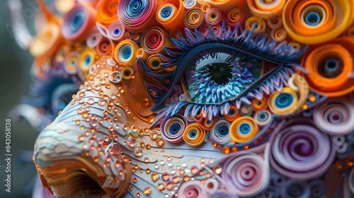 Paper Quilling, Sacred holographic ceremonies honoring a revered mammal deity, attended by creatures from all walks of life., flashy color