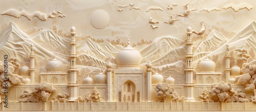 Beautiful mosque 3d relief wallpaper. Mural wallpaper. Wall art. AI generated illustration.