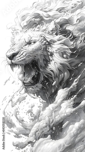 Coloring book, With a deafening roar, a bolt of lightning strikes the earth, its searing heat igniting the fur of a fearsome beast as it charges headlong into battle, its primal instincts ablaze with