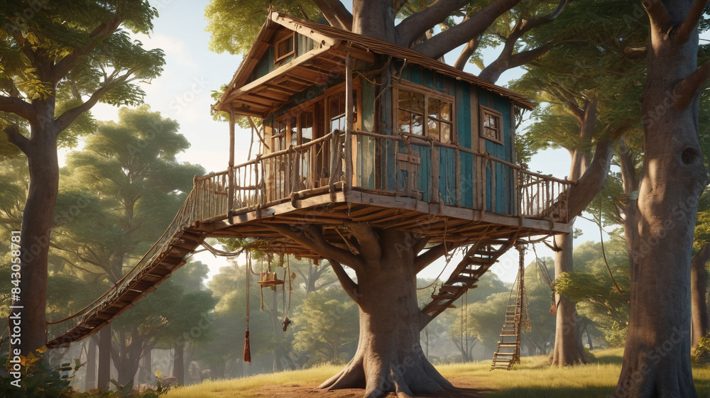 Suspended high above the ground, the treehouse boasts a charming rustic design, with a sturdy rope ladder leading to its welcoming entrance, Generative AI Suspended high above the ground, the treehouse boasts a charming rustic design, with a sturdy rope ladder leading to its welcoming entrance, Generative AI