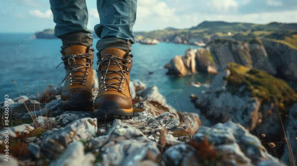 Hiking Boots Close-up with Scenic Coastal Landscape View Hiking Boots Close-up with Scenic Coastal Landscape View
