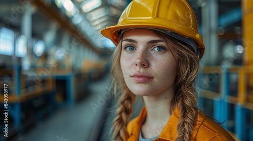 Confident and focused female professional wearing a yellow hard hat in an industrial setting © svastix