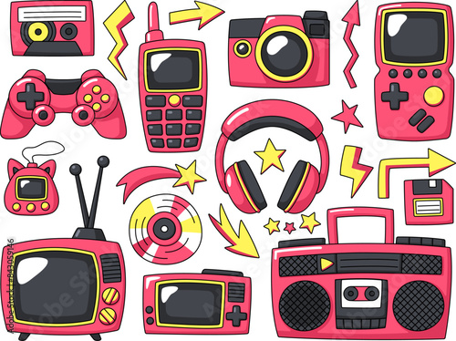 Y2k elements set retro tech. Collection on bright cartoon 90s gadgets tv, radio, mobile phone, consol game and other technology.
