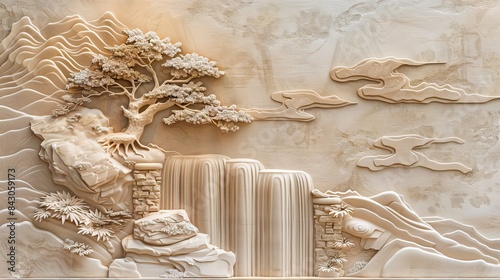 Fototapeta Naklejka Na Ścianę i Meble -  Beautiful landscapes 3d relief wallpaper. Mural wallpaper. Wall art. AI generated illustration