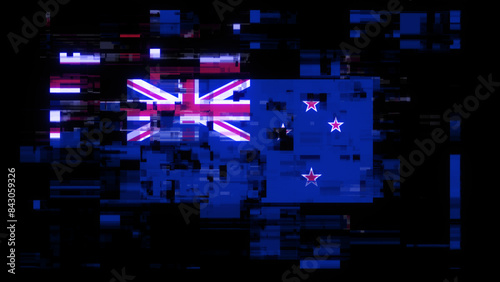 3D rendering flag New Zealand with screen effects of technological glitches