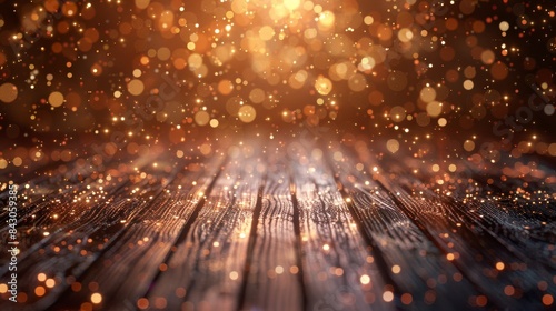 A warm festive image with sparkling bokeh lights scattered across a wooden textured surface, giving a cozy atmosphere © svastix