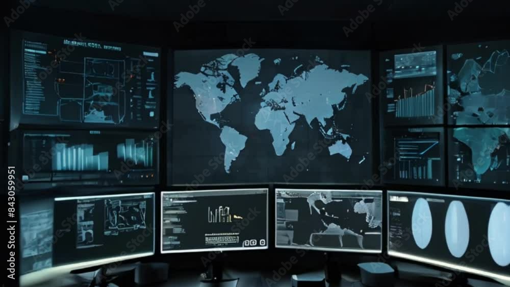 Multiple Monitors Displaying Data and a World Map in a Dark Room Multiple Monitors Displaying Data and a World Map in a Dark Room