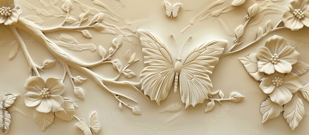 Beautiful butterfly 3d relief wallpaper. Mural wallpaper. Wall art. AI generated illustration. Beautiful butterfly 3d relief wallpaper. Mural wallpaper. Wall art. AI generated illustration.