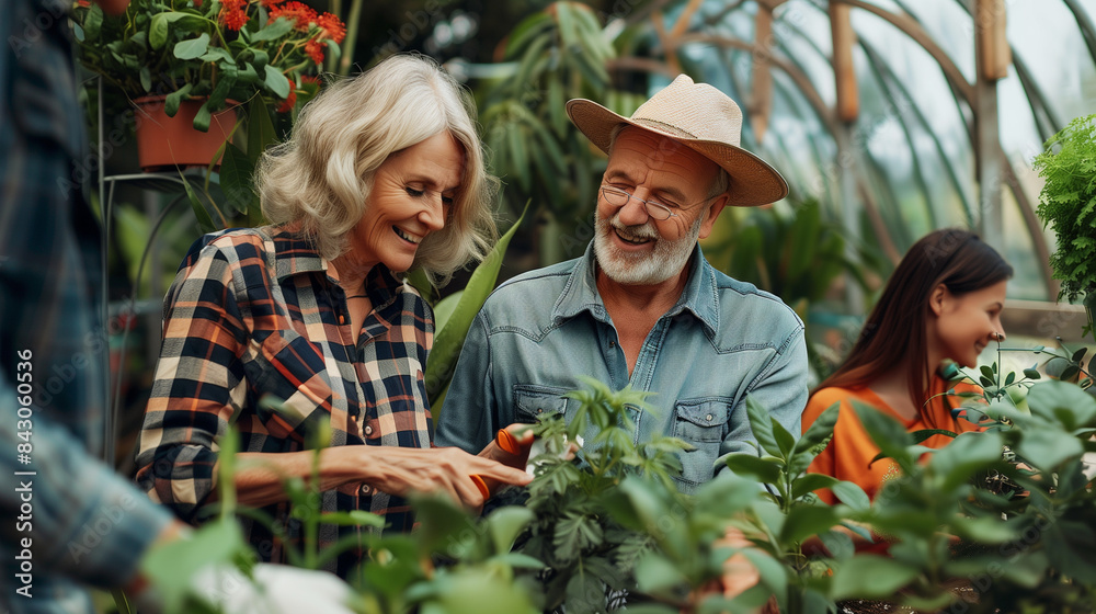 Obraz premium Elderly couple gardeners working in the garden greenhouse with their family