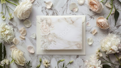 White Marble Background with Soft Floral Arrangement and Invitation Card