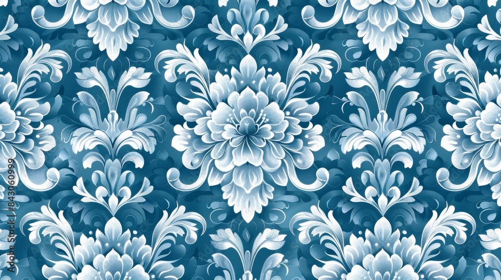 Classic Blue Damask Pattern with Floral Elements Classic Blue Damask Pattern with Floral Elements