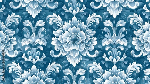 Classic Blue Damask Pattern with Floral Elements