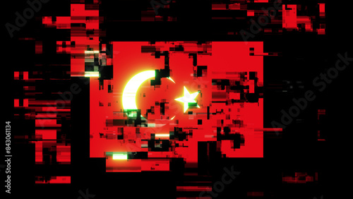 3D rendering flag Turkey with screen effects of technological glitches
