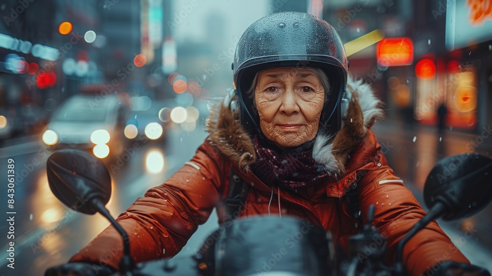 Resilient senior woman braving the elements on a motorcycle, wet helmet and jacket visible Resilient senior woman braving the elements on a motorcycle, wet helmet and jacket visible