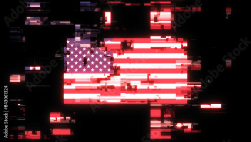 3D rendering flag USA with screen effects of technological glitches