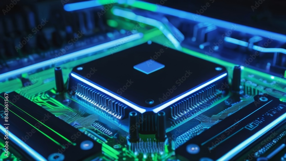 High-Tech Gaming PC with RGB Liquid Cooling System - Futuristic Hardware Setup, Close-Up, Neon Lights, and Transparent Tubes High-Tech Gaming PC with RGB Liquid Cooling System - Futuristic Hardware Setup, Close-Up, Neon Lights, and Transparent Tubes