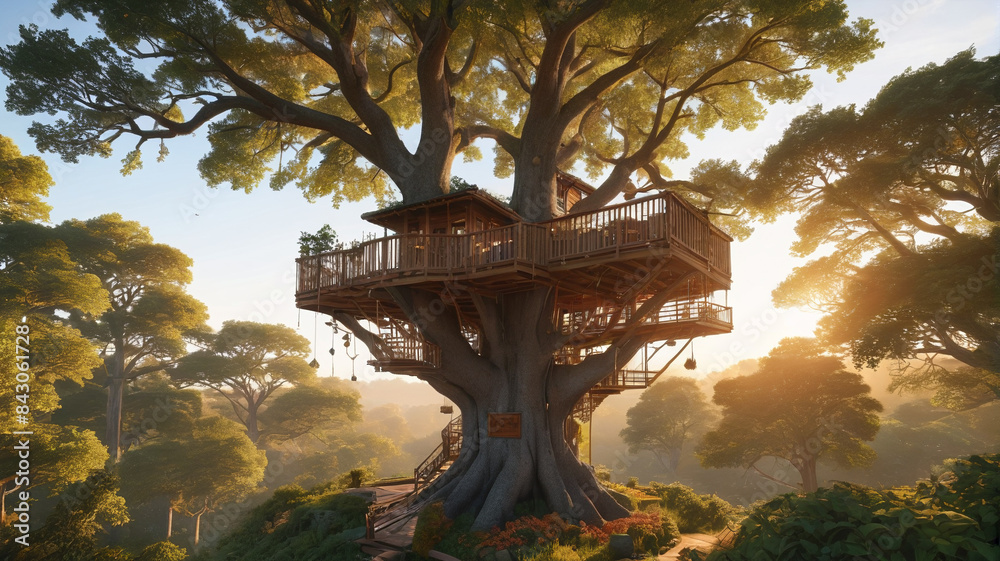Built around a towering oak, the treehouse features a sprawling deck that offers stunning views of the sunrise peeking through the foliage, Generative AI Built around a towering oak, the treehouse features a sprawling deck that offers stunning views of the sunrise peeking through the foliage, Generative AI