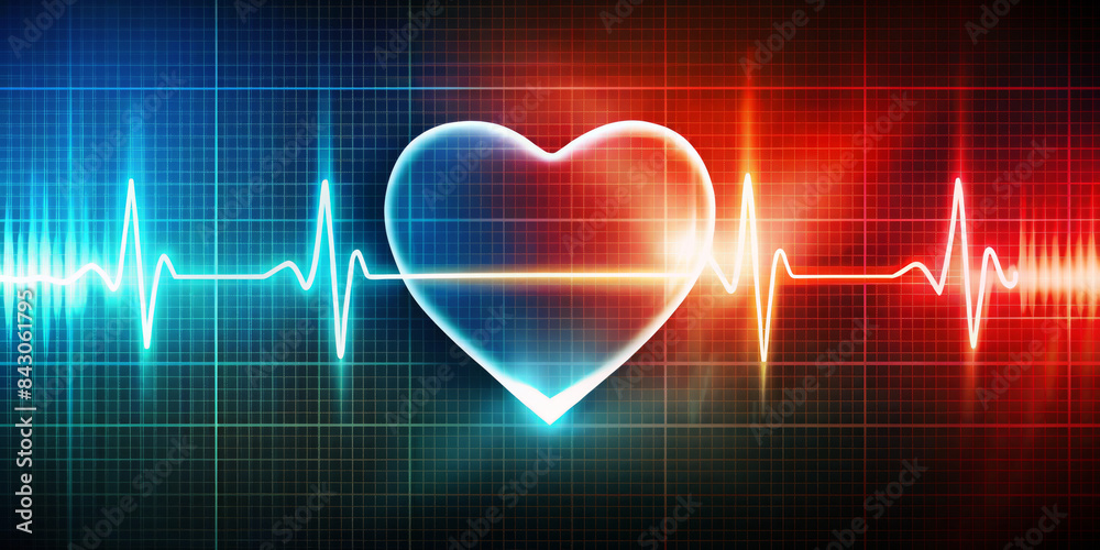 At the center of the background is a glowing heart shape that transitions from cool blue to warm red, topped with a glowing ECG line that crosses over, symbolizing heart health.AI generated. At the center of the background is a glowing heart shape that transitions from cool blue to warm red, topped with a glowing ECG line that crosses over, symbolizing heart health.AI generated.