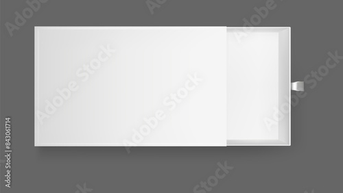 White open slide box mockup. Paper gift package top view. 3d sleeve cardboard matchbox with ribbon isolated vector. Realistic empty pack for product presentation and branding. Clear packaging layout